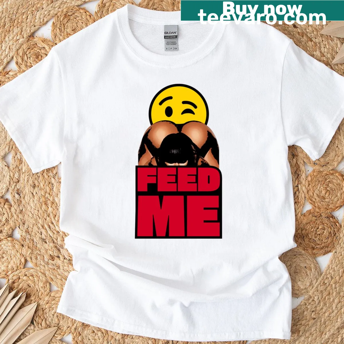Playful T-shirt with bold text 'Feed Me' — on a men's t-shirt