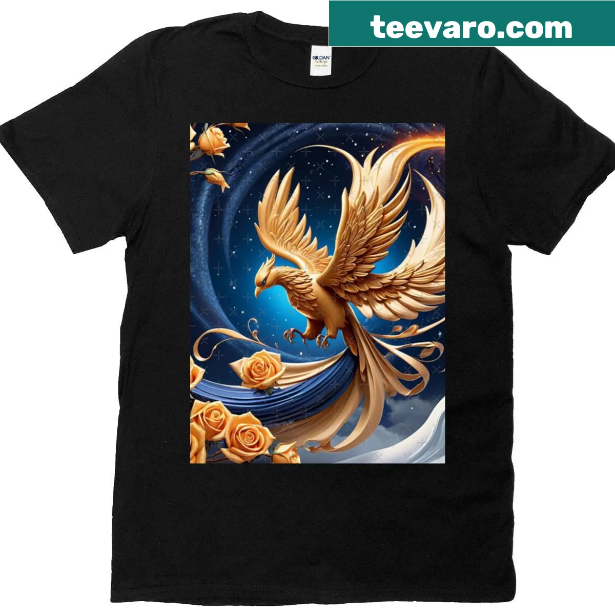 Oversized T-shirt featuring a fierce bird, gold roses, and blue solar winds — on a men's t-shirt