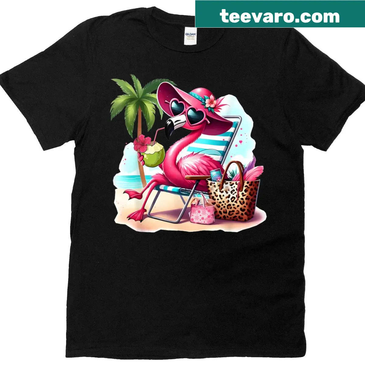 Cute flamingo at beach illustration on women's t-shirt — on a men's t-shirt