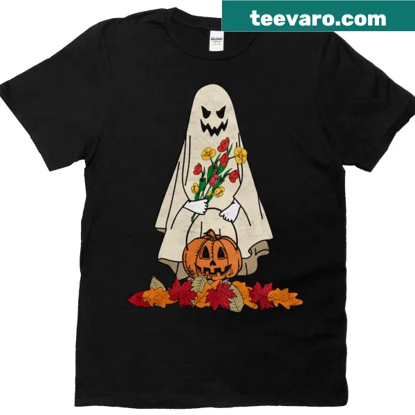 Cute Halloween T-shirt with floral ghosts and pumpkins illustration