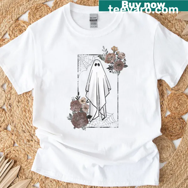 Cute ghost illustration with floral elements on a T-shirt