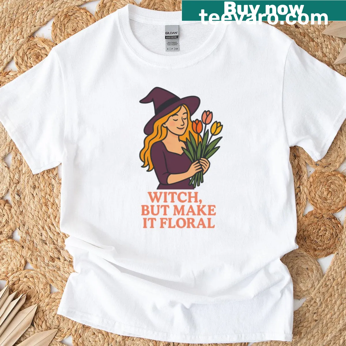 Cute boho witch with flowers illustration t-shirt — on a men's t-shirt