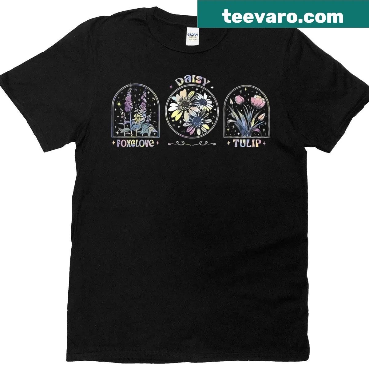 Illustration of flowers including foxglove, daisies, and tulips on a T-shirt — on a men's t-shirt