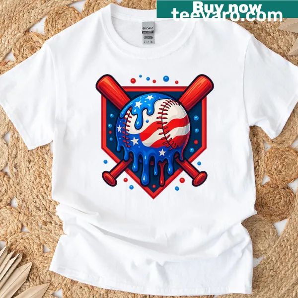 4th of July T-shirt featuring baseball and ice cream design with US flag.