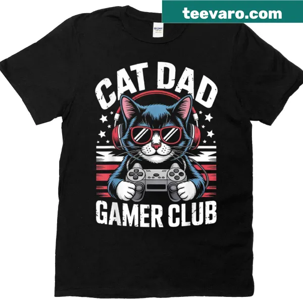 Humorous T-shirt design merging gaming and cat themes for cat dads