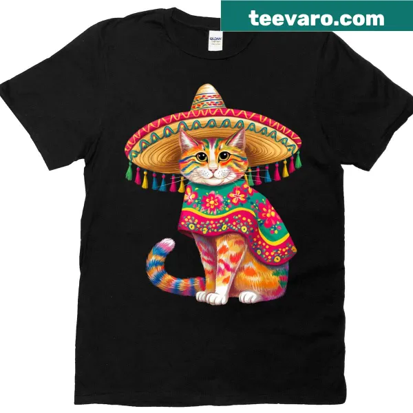 Funny cat wearing sombrero and poncho for Cinco de Mayo