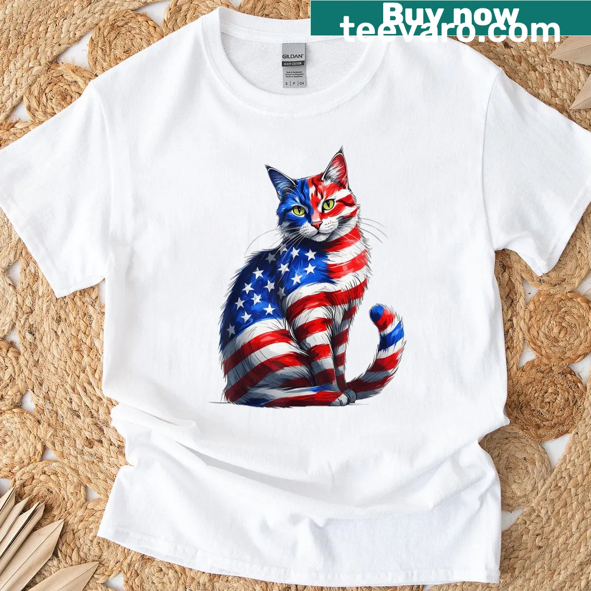 Cute cat with green eyes and USA flag graphic T-shirt — on a men's t-shirt