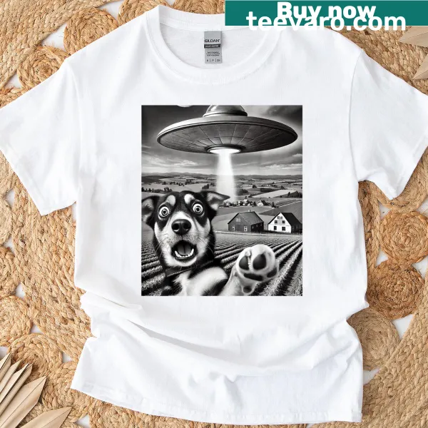 Funny dog selfie graphic with UFO T-shirt