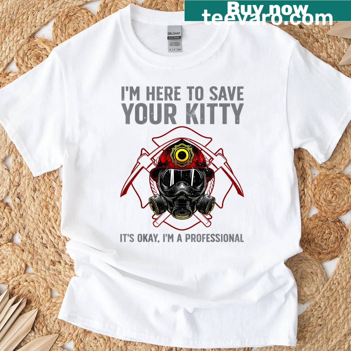 Humorous firefighter-themed illustration on T-shirt — on a men's t-shirt