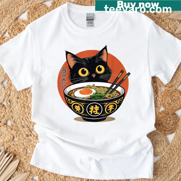 Cute cat in ramen on a T-shirt for cat lovers