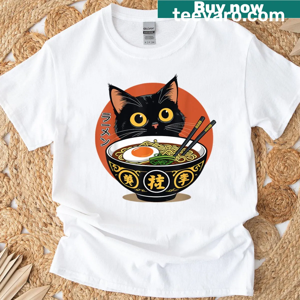 Cute cat in ramen on a T-shirt for cat lovers — on a men's t-shirt