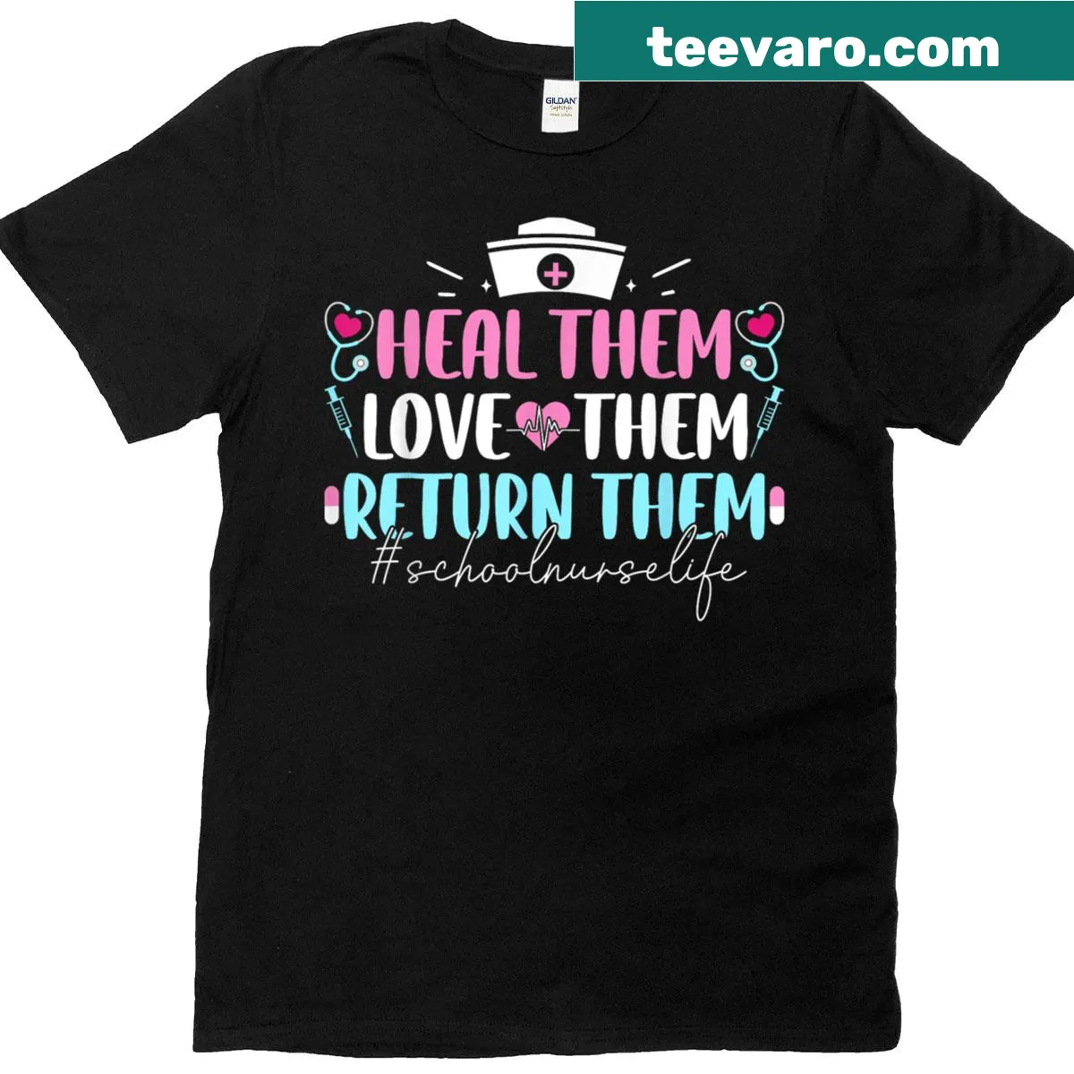 Humorous t-shirt for school nurses featuring a playful take on their unique role. — on a men's t-shirt