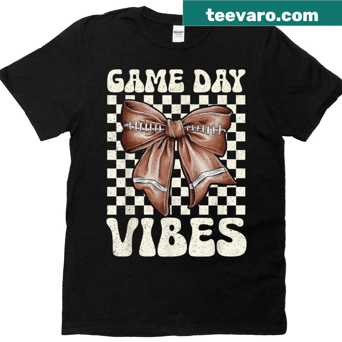 Vintage-style Game Day Vibes T-shirt with groovy bow graphic and slogan — on a men's t-shirt