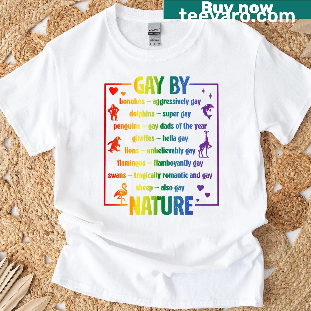 T-shirt with 'Gay By Nature' text and animal graphics — on a men's t-shirt