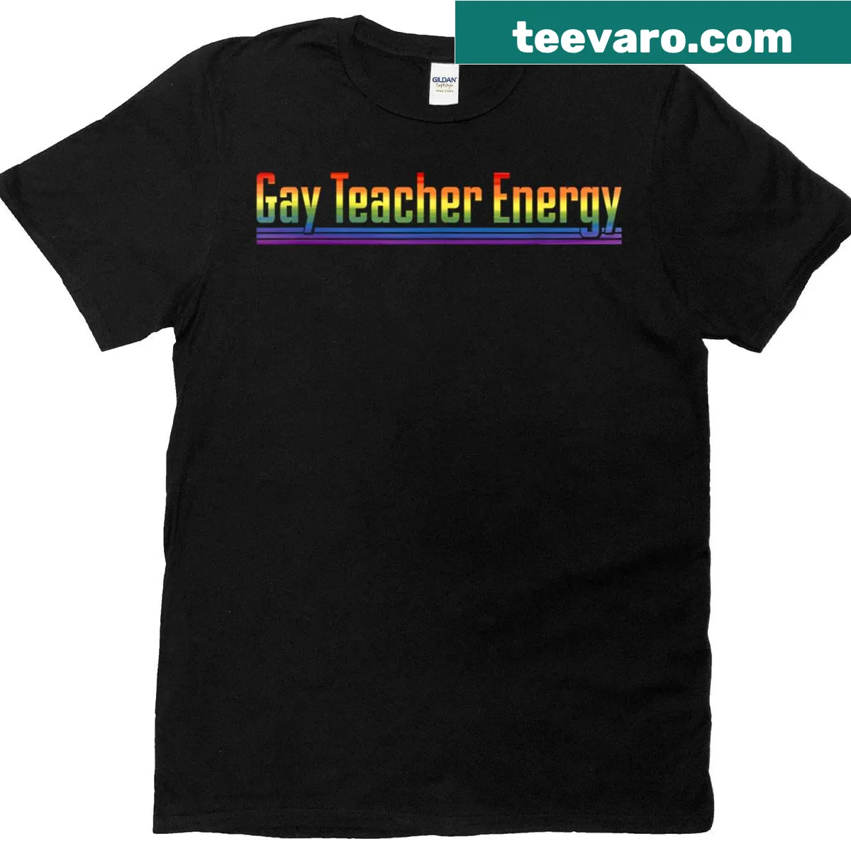 Text-based Gay Teacher Energy t-shirt for LGBTQ educators — on a men's t-shirt