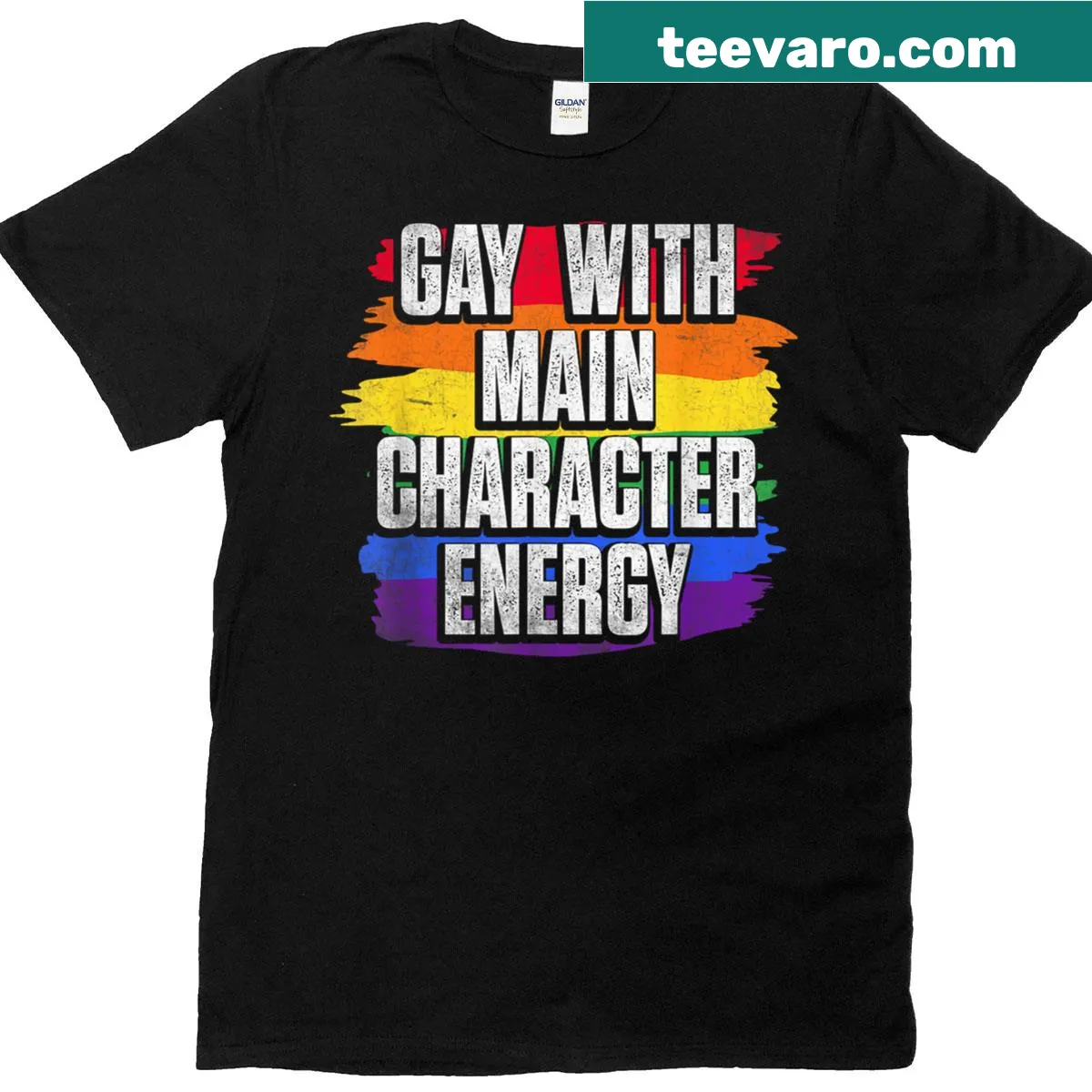 Playful T-shirt with 'Gay With Character' text and flag design — on a men's t-shirt