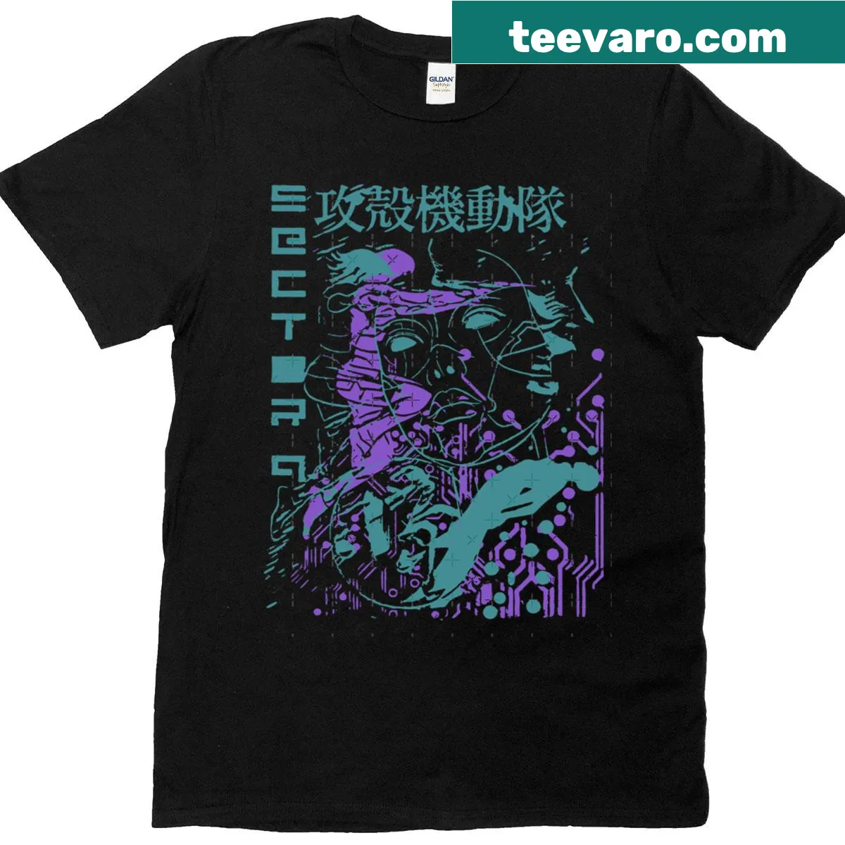 Retro-inspired t-shirt featuring Ghost In The Shell graphics — on a men's t-shirt