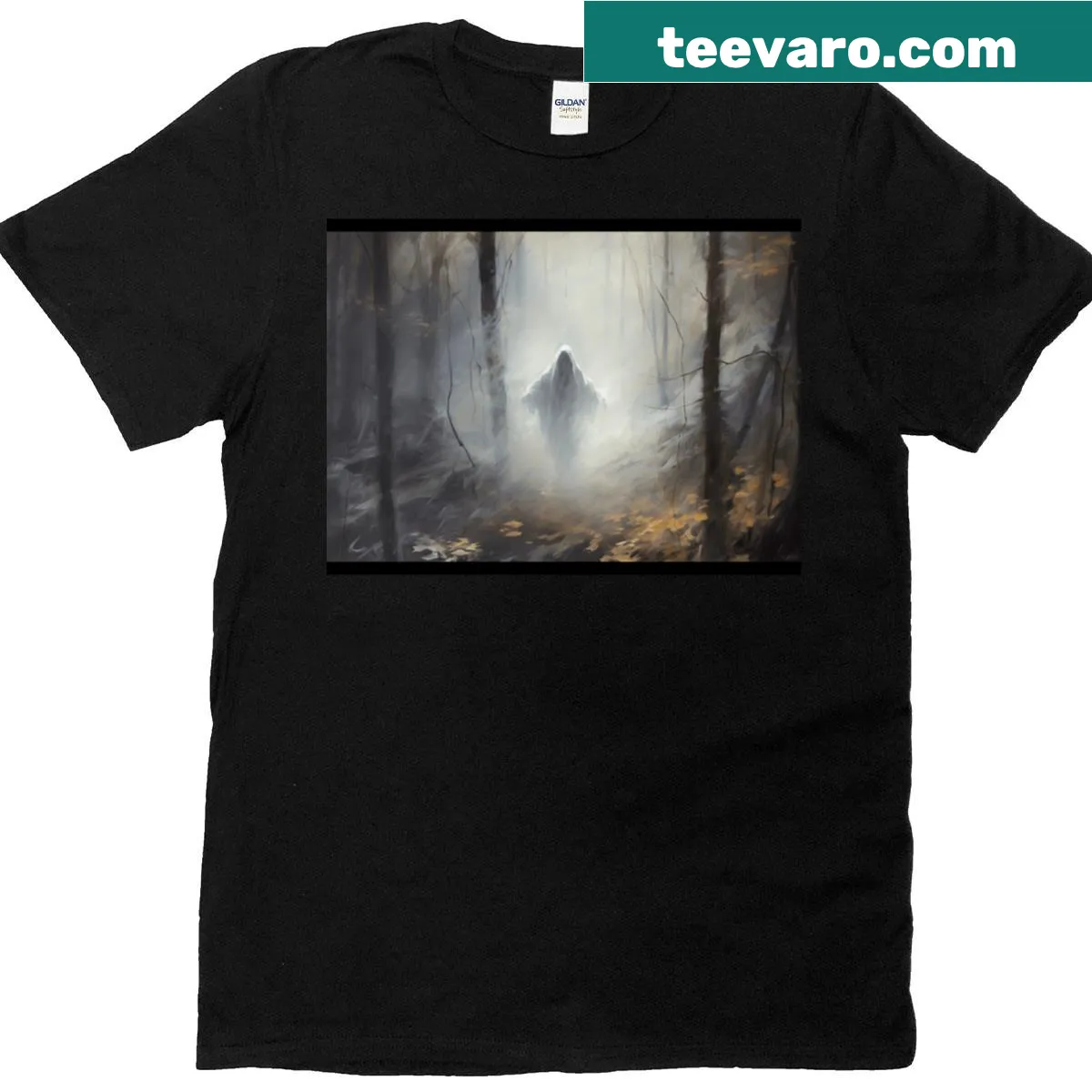 Vintage art t-shirt featuring a ghost in a forest setting — on a men's t-shirt
