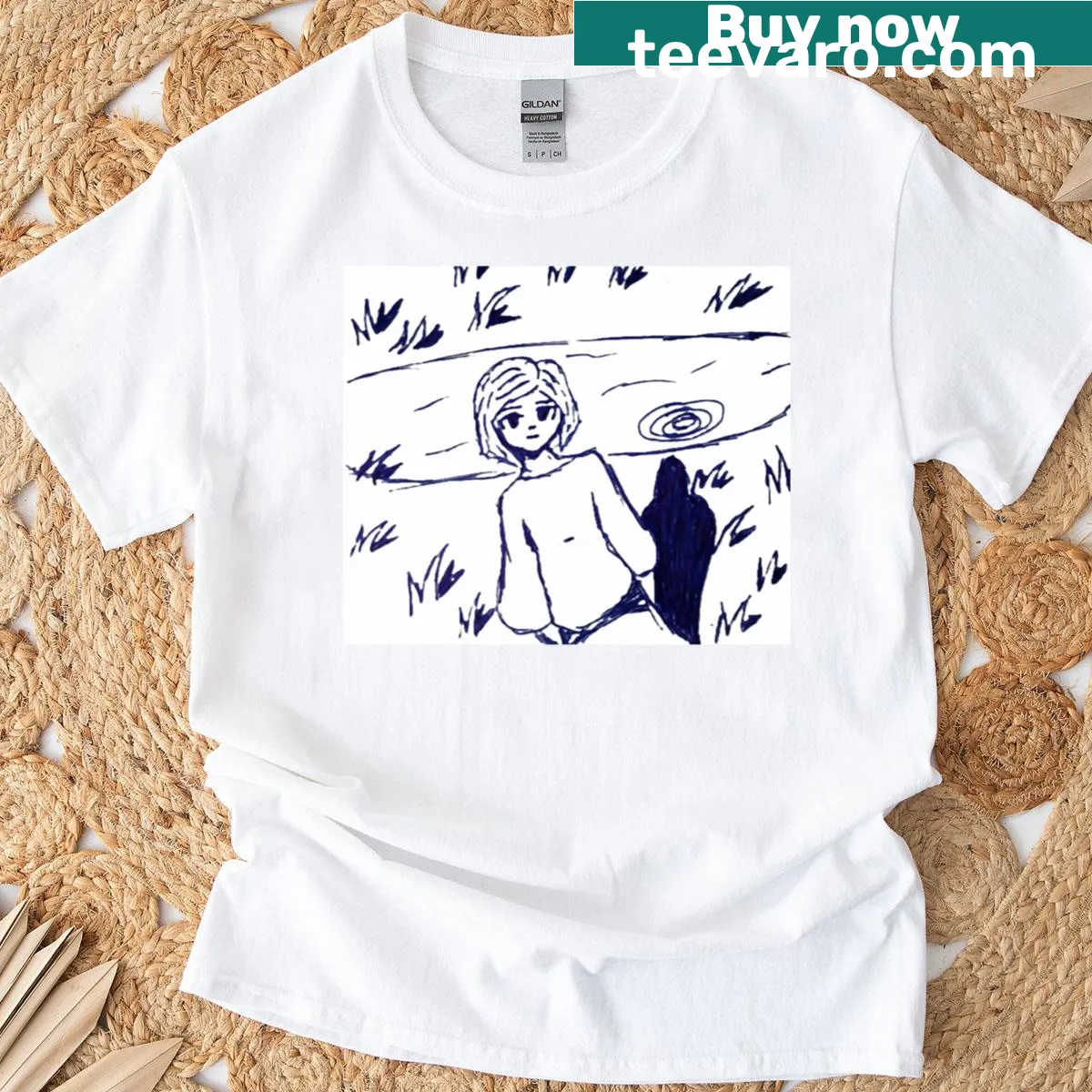 Illustration of a girl in front of a pond graphic T-shirt — on a men's t-shirt