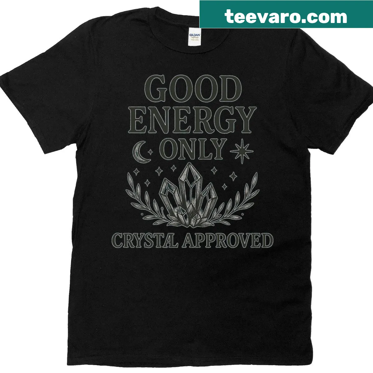 Boho design T-shirt featuring crystal illustrations and positive vibes — on a men's t-shirt