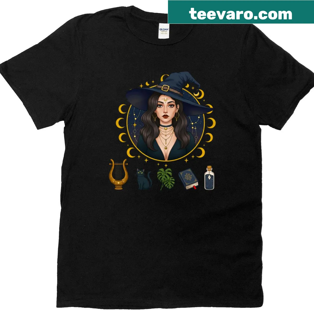 Illustration of a Gothic girl witch on a black T-shirt — on a men's t-shirt