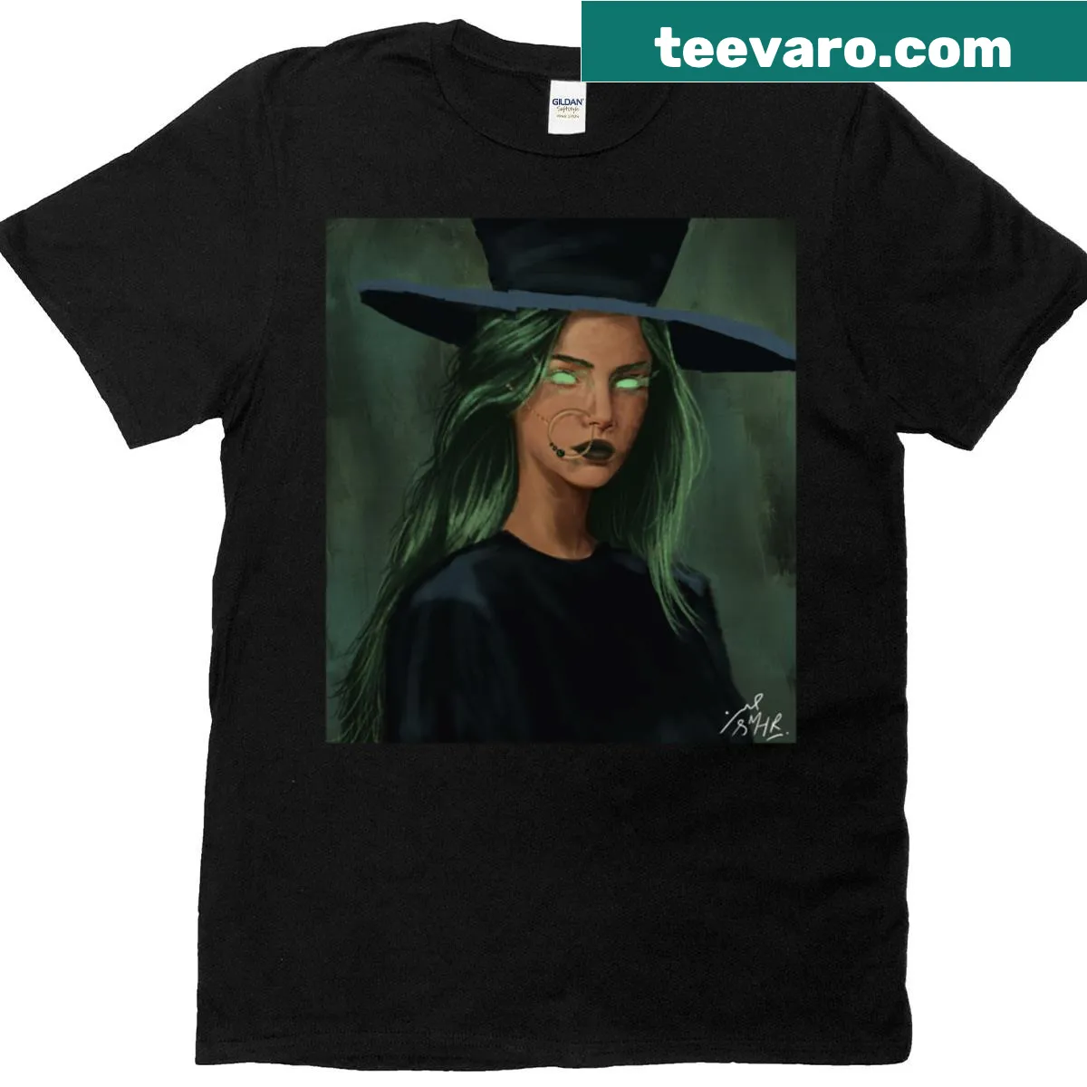 Oversized T-shirt with a green witch mystical design — on a men's t-shirt