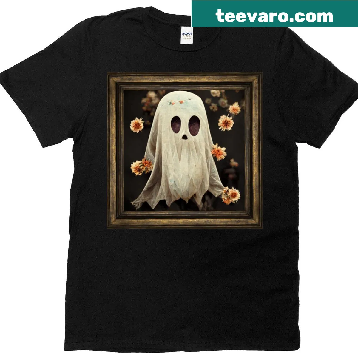 Vintage ghost and pumpkin graphic t-shirt for Halloween — on a men's t-shirt