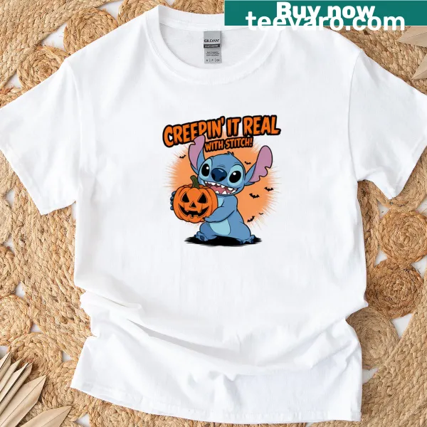 Playful Stitch character with Halloween theme.