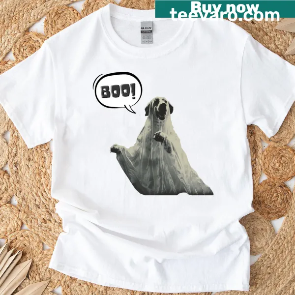 Vintage ghost dog with 'Boo!' text for Halloween.
