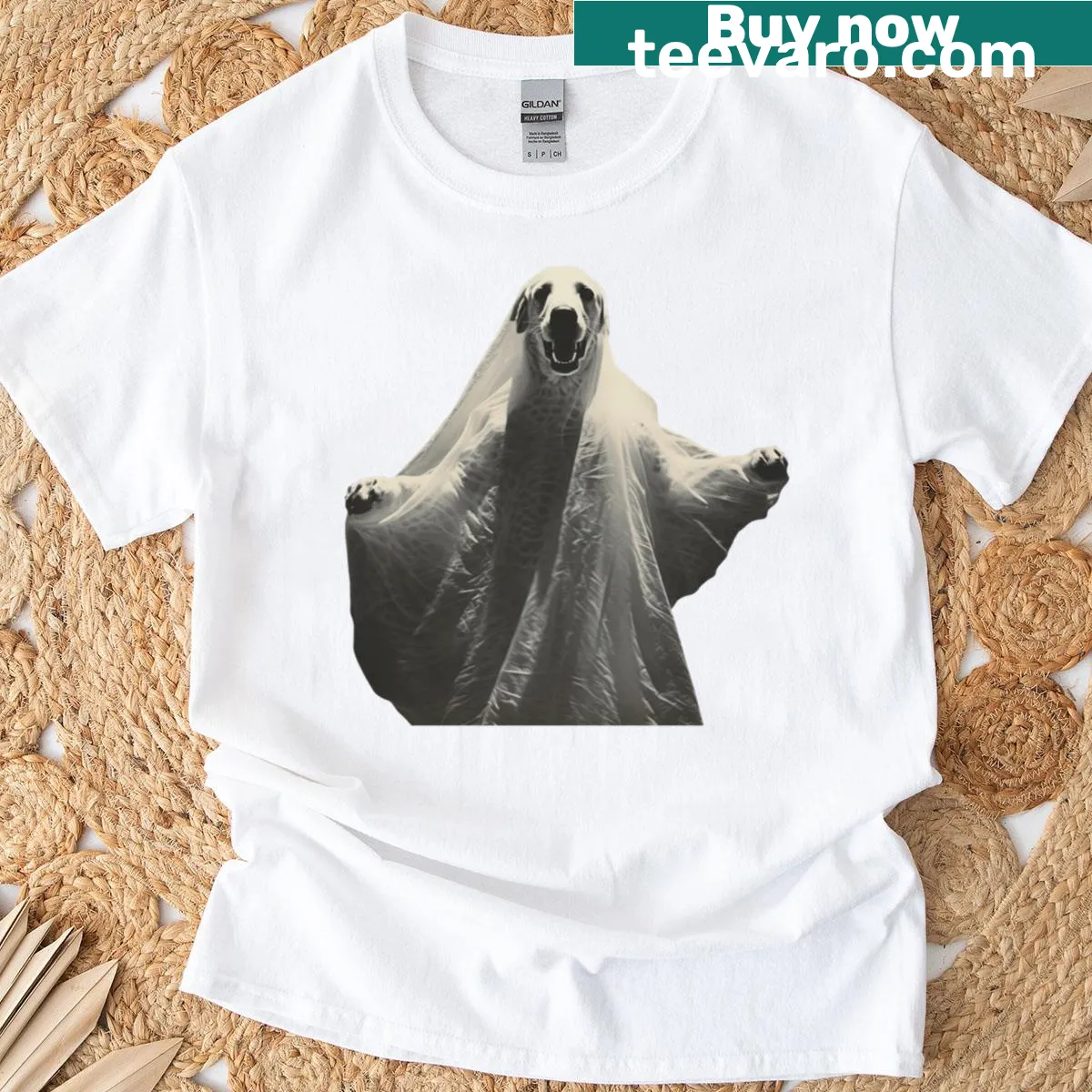 Vintage-style T-shirt with a ghost dog graphic — on a men's t-shirt