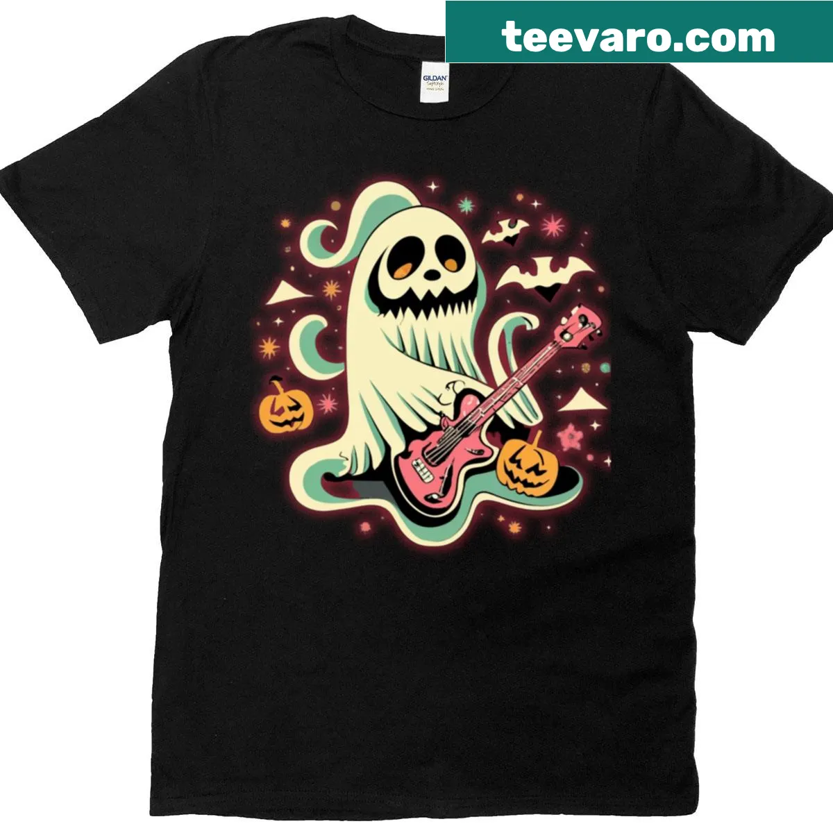 Spooky ghost playing guitar graphic on Halloween t-shirt — on a men's t-shirt
