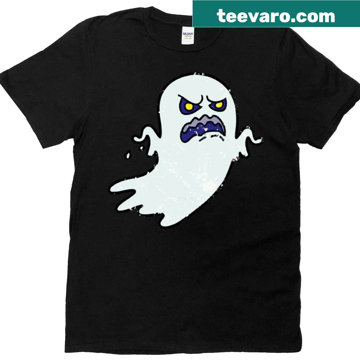 Vintage-style oversized t-shirt featuring a grumpy ghost graphic. — on a men's t-shirt