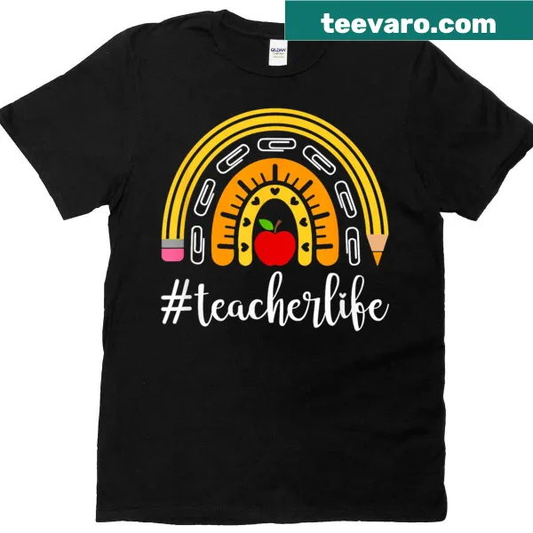Colorful teacher life t-shirt with rainbow clip and ruler design
