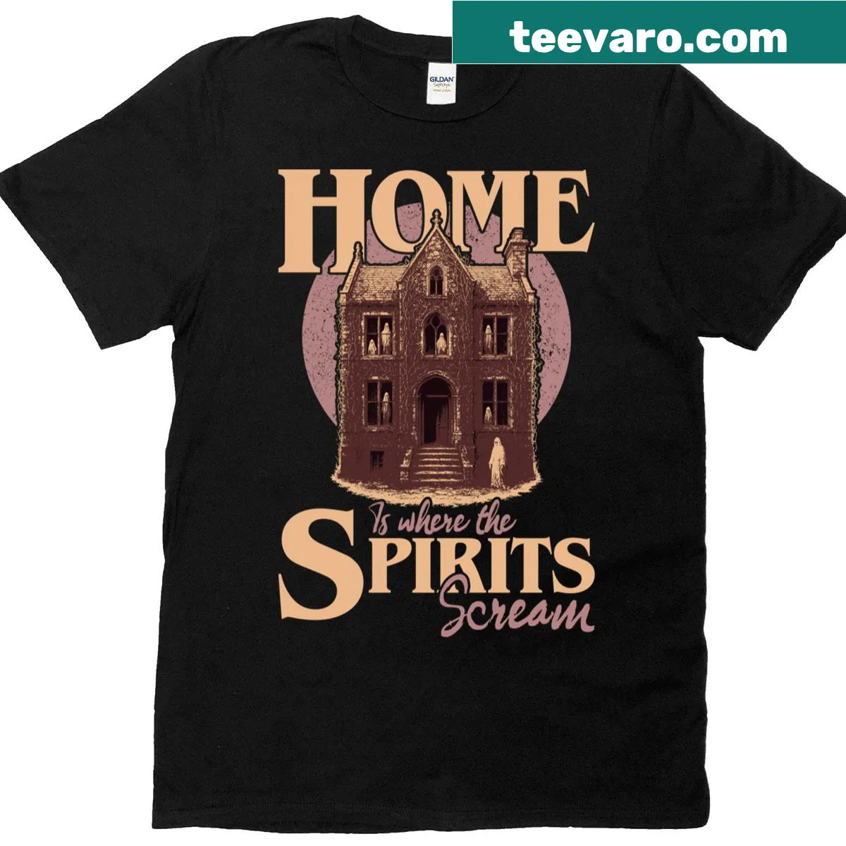 Haunted house graphic t-shirt for Halloween — on a men's t-shirt