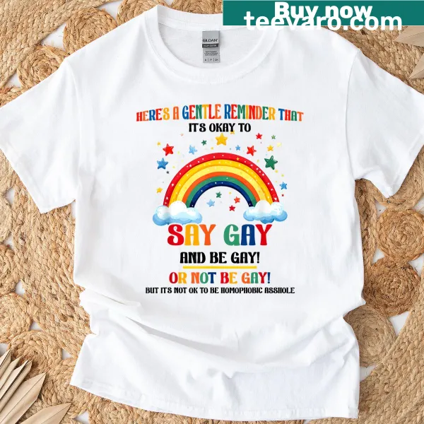 Graphic t-shirt with the phrase 'It's OK to say gay' in bold text