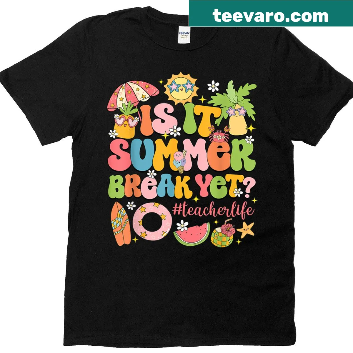 Teacher-themed t-shirt with 'Is It Summer Break Yet?' illustration — on a men's t-shirt