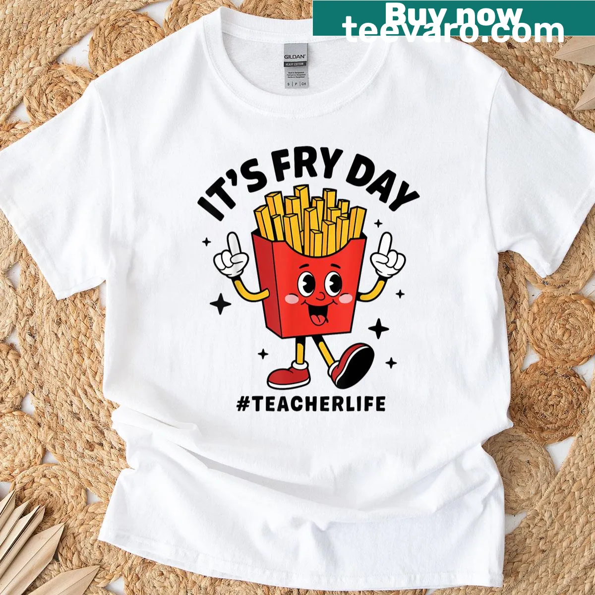 Funny teacher t-shirt with the phrase about fries and humor — on a men's t-shirt