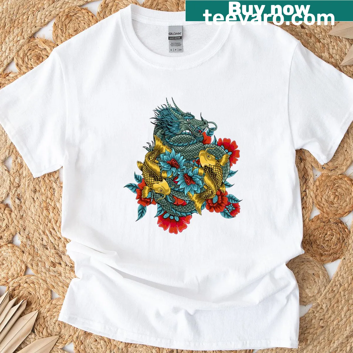 Illustrated koi fish transforming into a dragon T-shirt — on a men's t-shirt