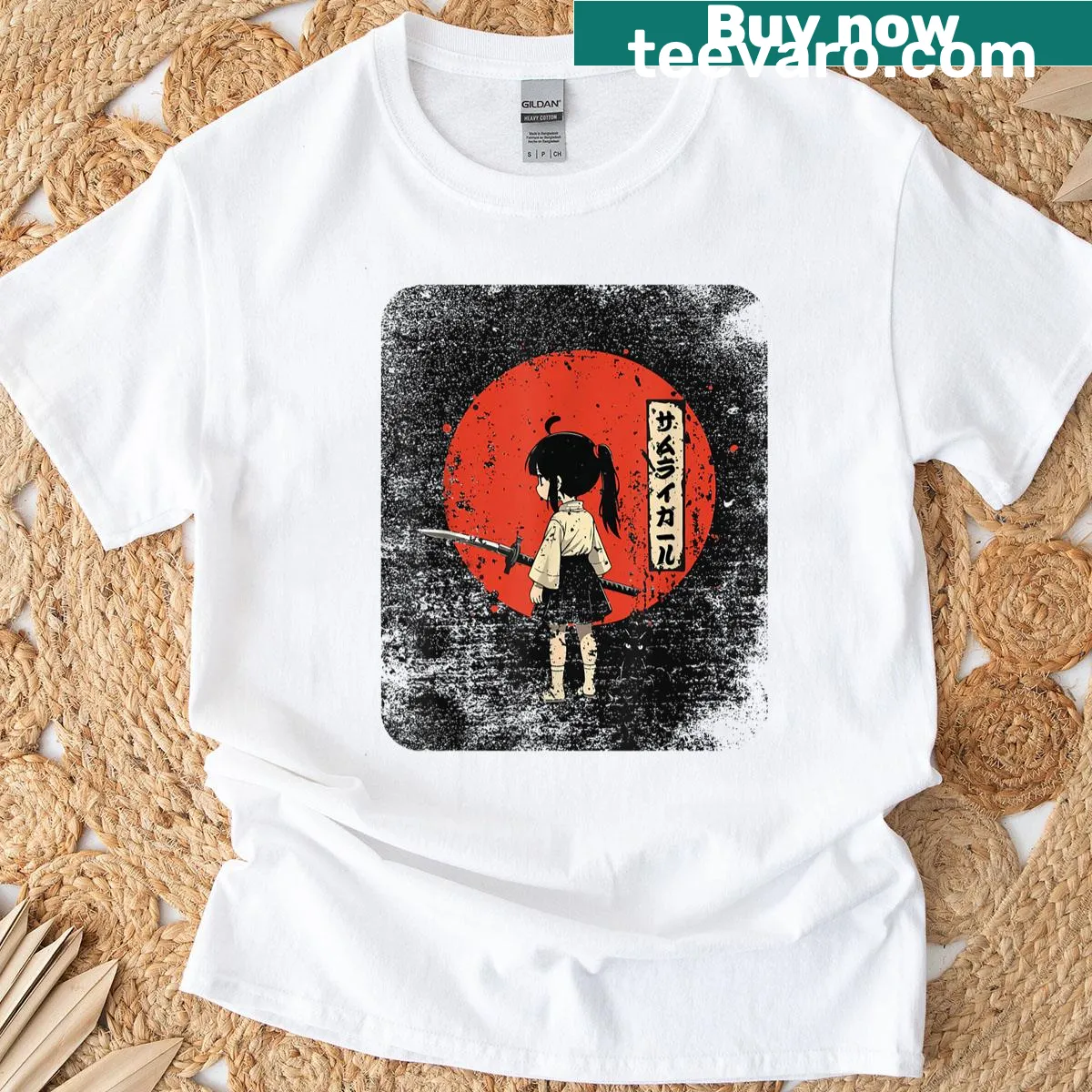 Kawaii samurai girl with black cat illustration T-shirt — on a men's t-shirt