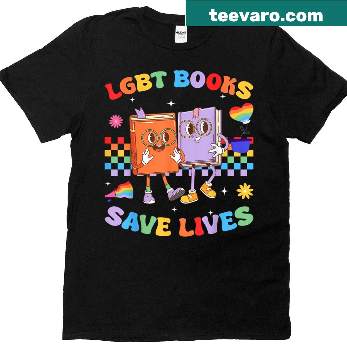 Illustration of rainbow books symbolizing LGBTQ+ equality. — on a men's t-shirt
