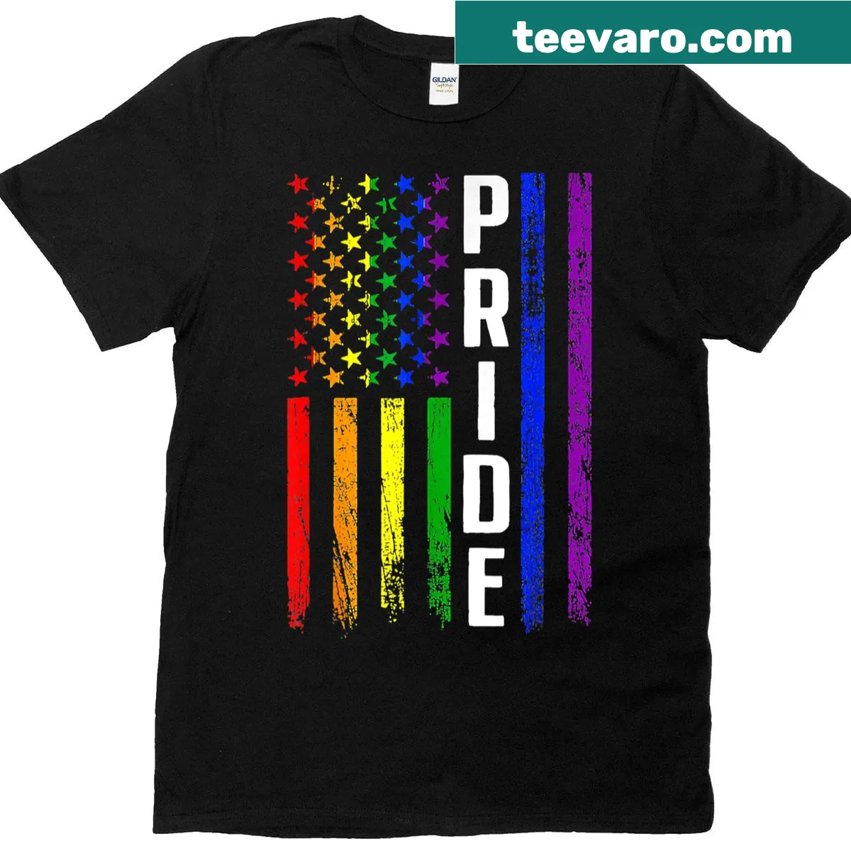 USA flag design integrated with rainbow colors for LGBTQ+ pride. — on a men's t-shirt