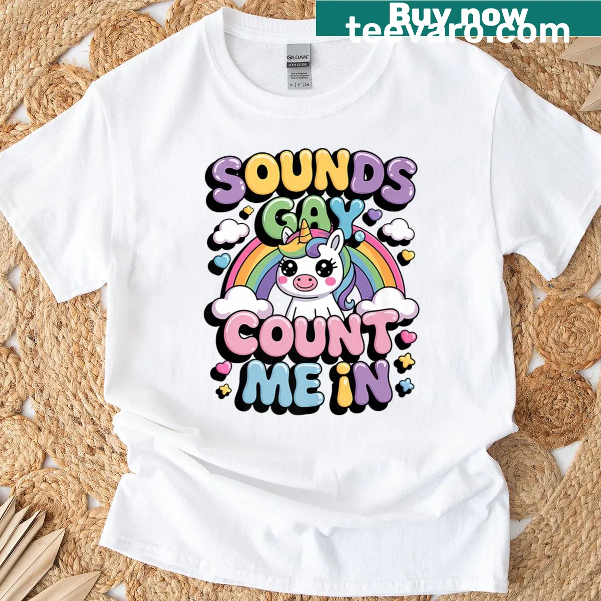 Premium T-shirt featuring 'Sounds Gay Count Me In' and a rainbow unicorn — on a men's t-shirt