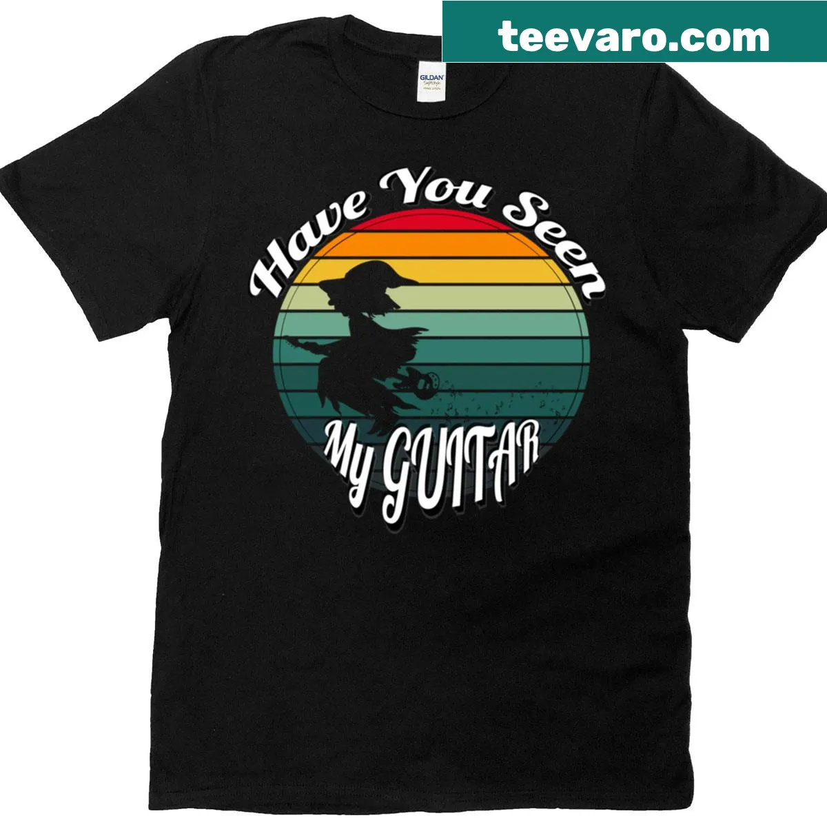 Whimsical guitar design entwined with mystical elements. — on a men's t-shirt