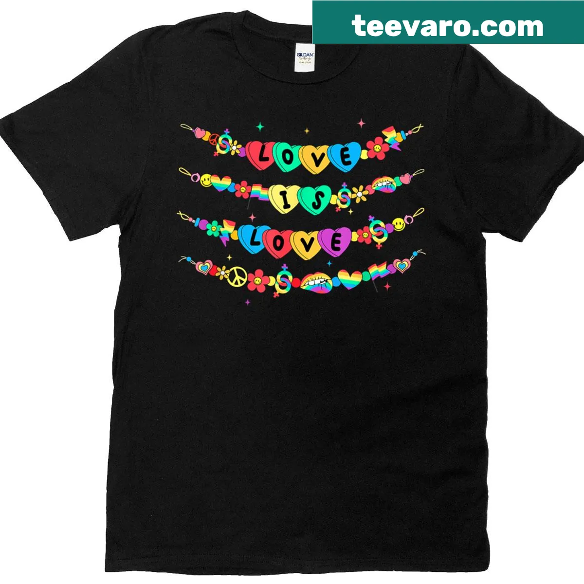 Colorful heart bracelet graphic on a T-shirt promoting love and pride — on a men's t-shirt