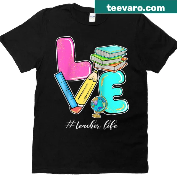 Raglan tee showcasing books and teaching tools for educators.