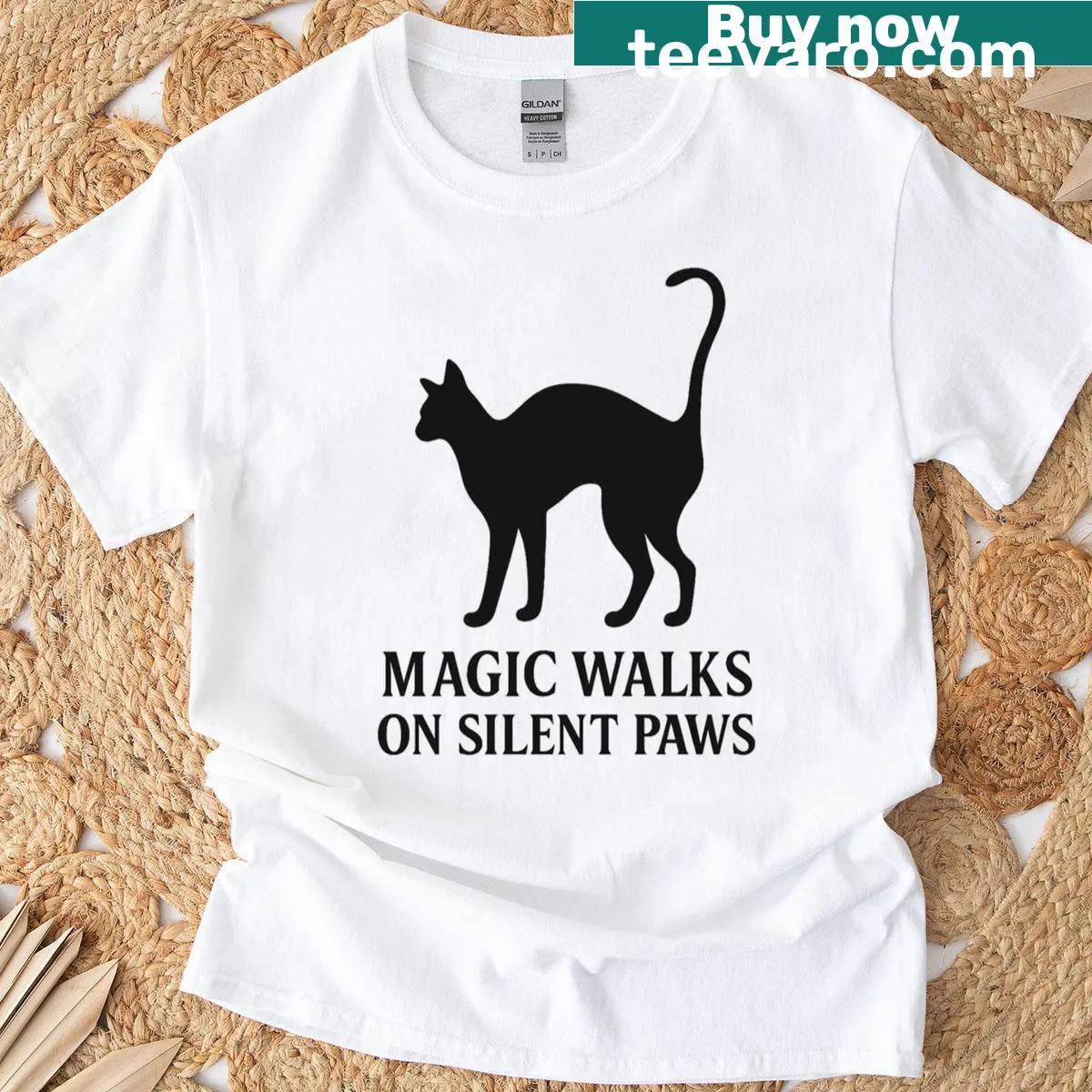 Minimalist silhouette of a cat on a mystic-themed t-shirt — on a men's t-shirt