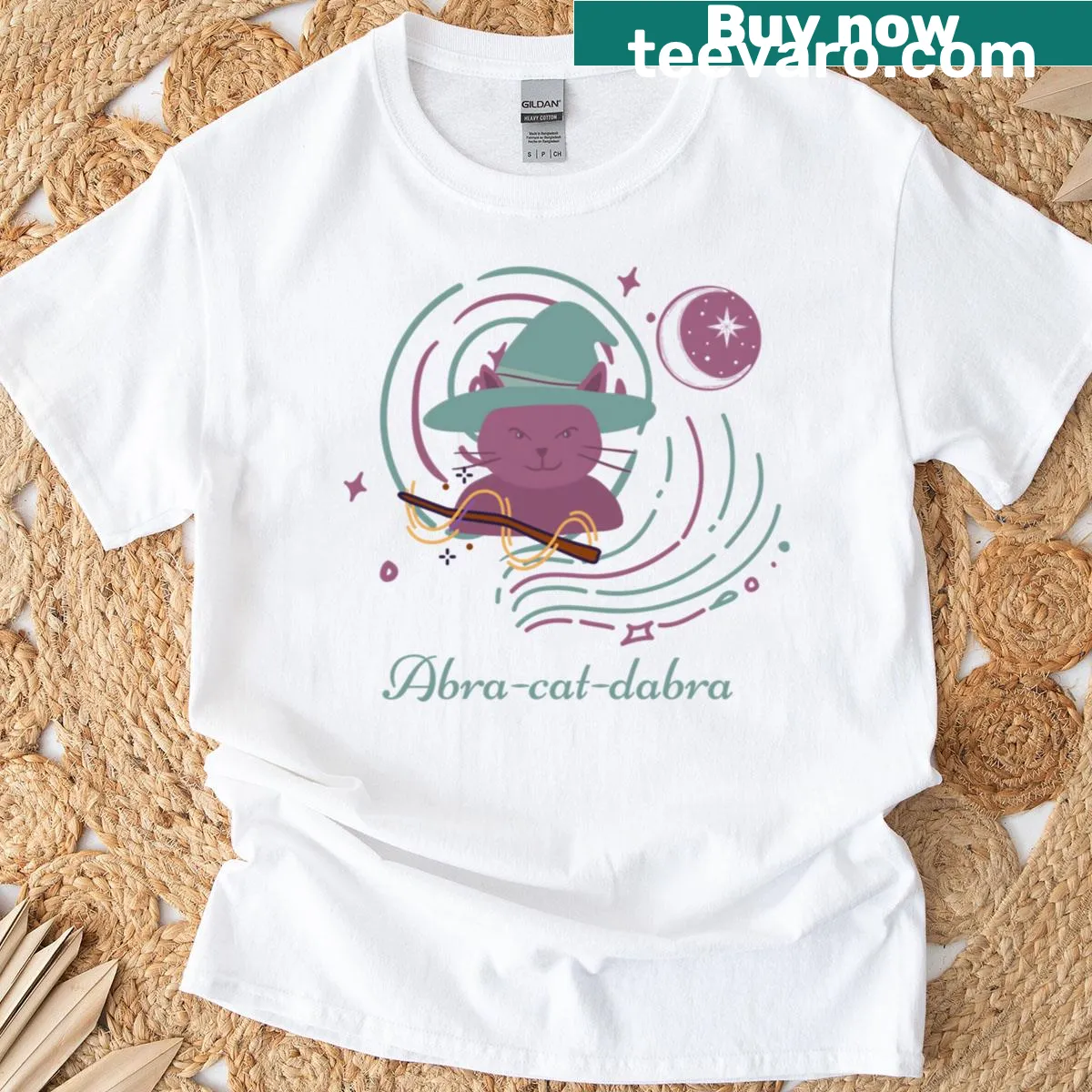 Whimsical T-shirt featuring a magical witch cat — on a men's t-shirt