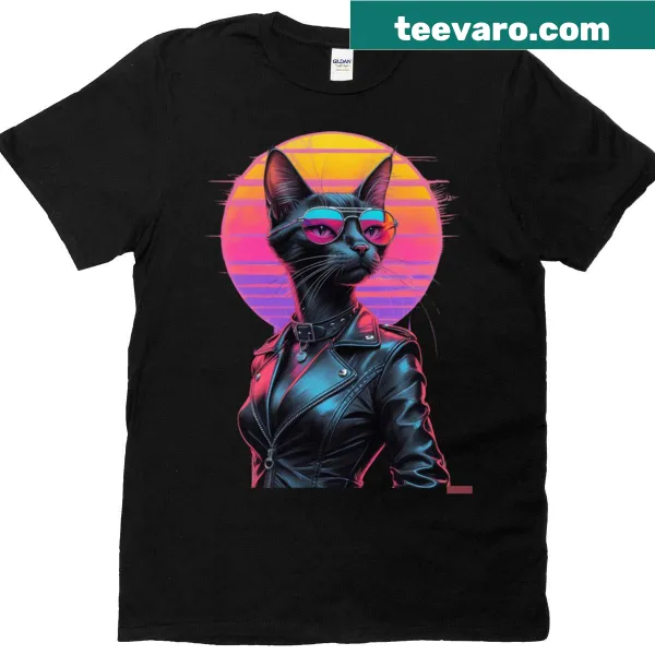 Retro synthwave graphic of a cat in sunglasses and leather jacket