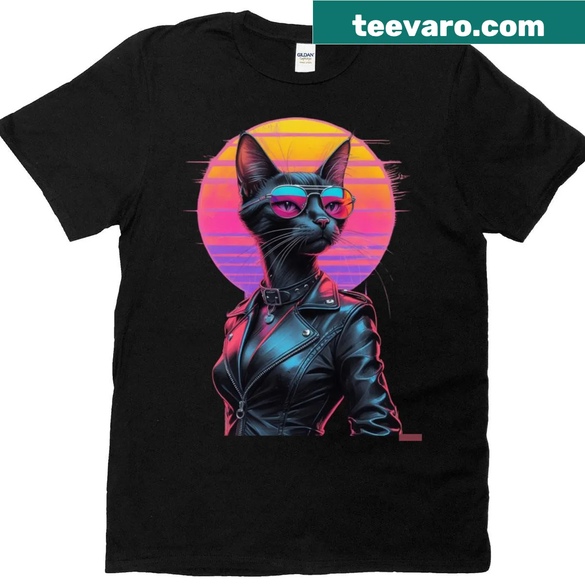 Retro synthwave graphic of a cat in sunglasses and leather jacket — on a men's t-shirt