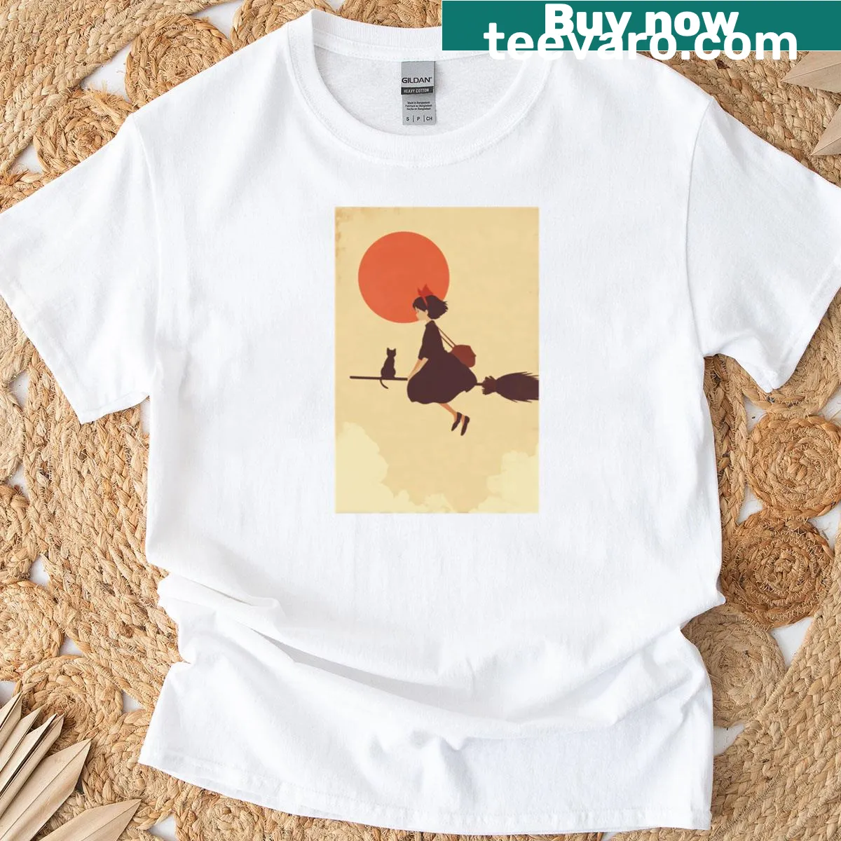 Minimalist silhouette of a flying witch and cat T-shirt — on a men's t-shirt